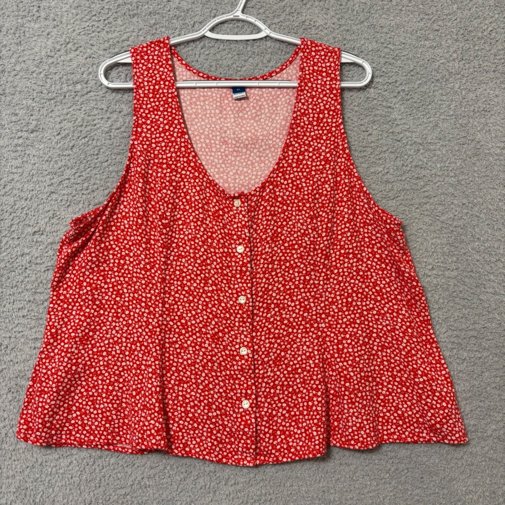 Floral Ditsy Button Front Sleeveless Swing Tank Top XL Rayon V-Neck
